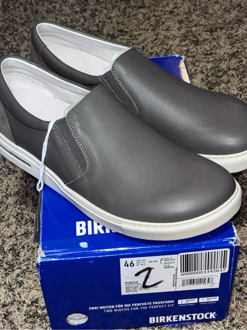 Birkenstock Mn's US 13 / EU 46 Leather Oswego Slip-On Sneakers Concrete Gray New